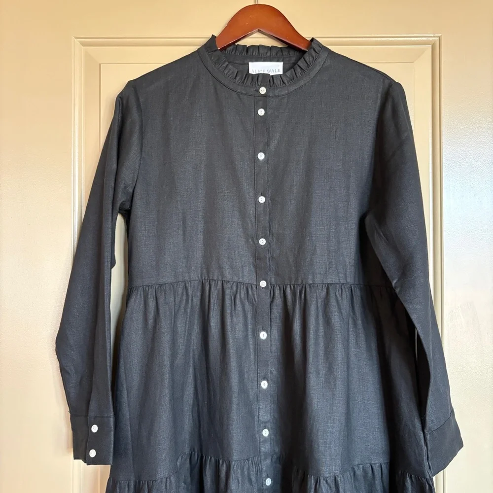 NWT Alice Walk Black 100% Linen Tiered Long Sleeve Midi Dress M - Picture 2 of 6